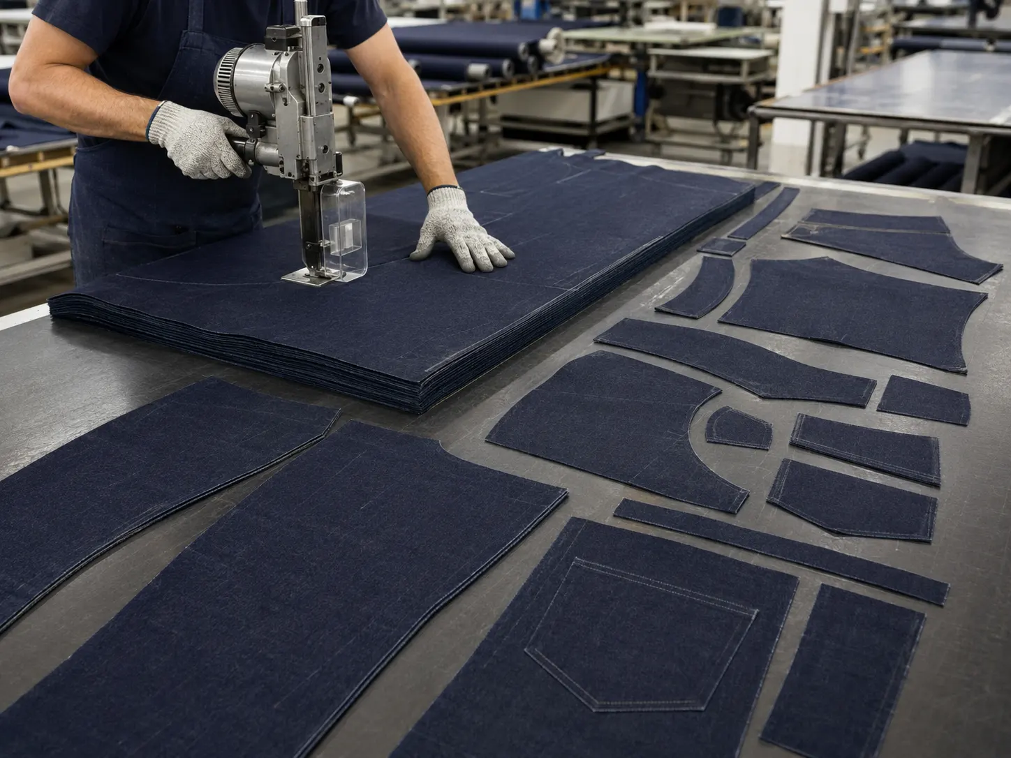 Denim panels being cut for custom motorcycle jeans production