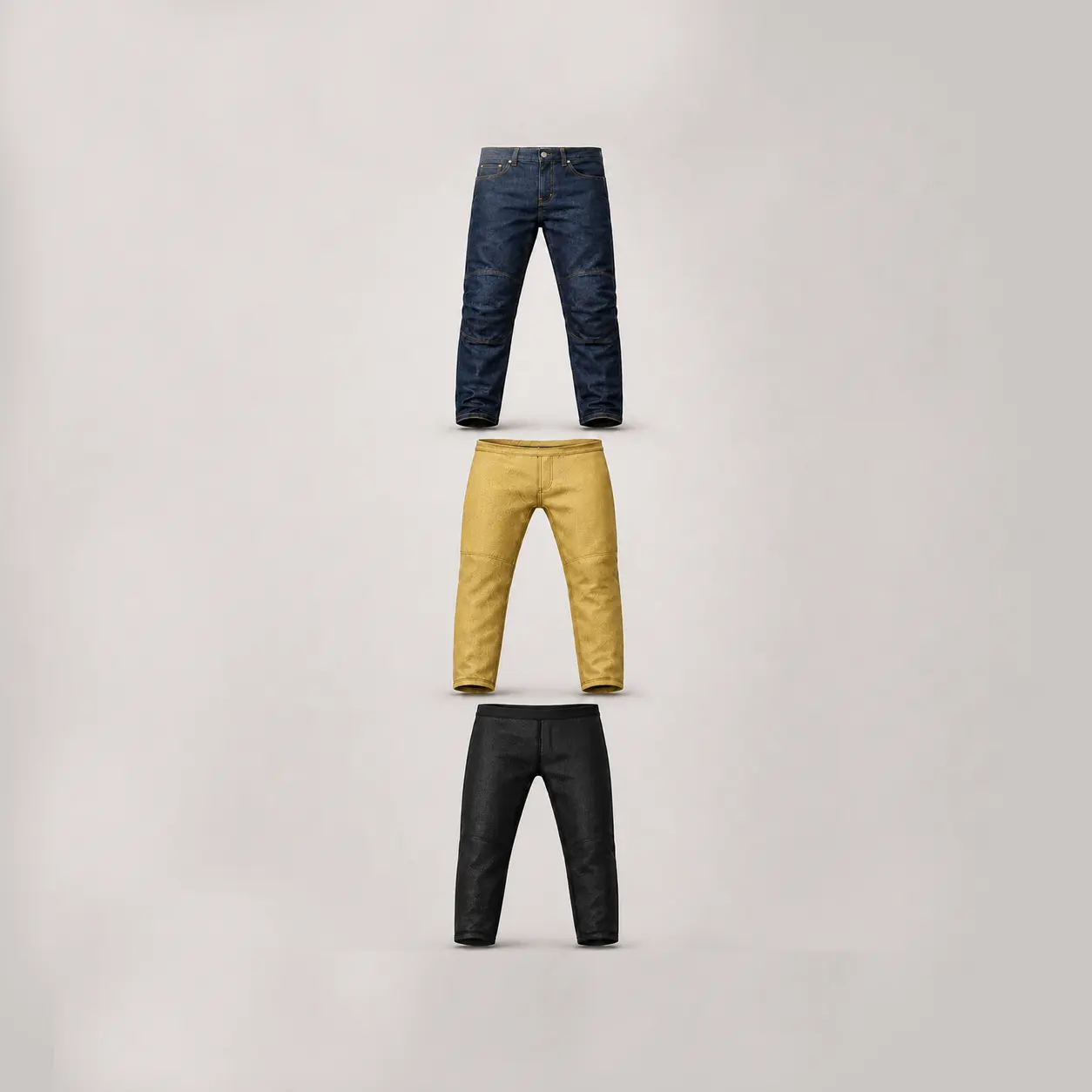 Exploded view of motorcycle jeans with outer denim, full Kevlar lining and optional comfort mesh