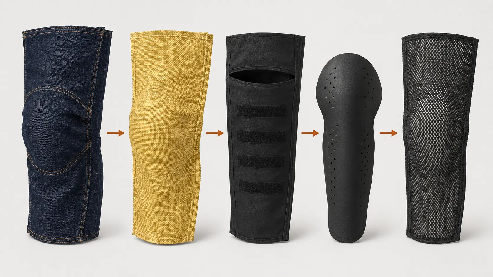 Exploded technical view of denim, full Kevlar lining, mesh, internal pocket and removable knee pad