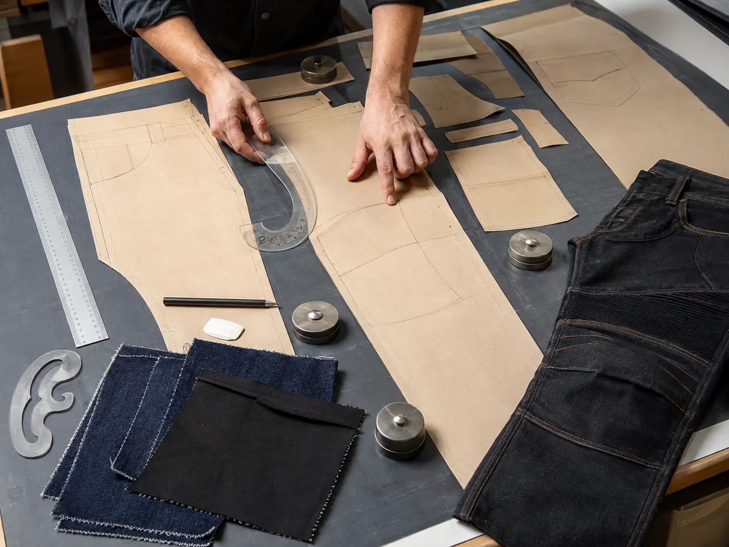 Motorcycle jeans pattern development on a factory worktable