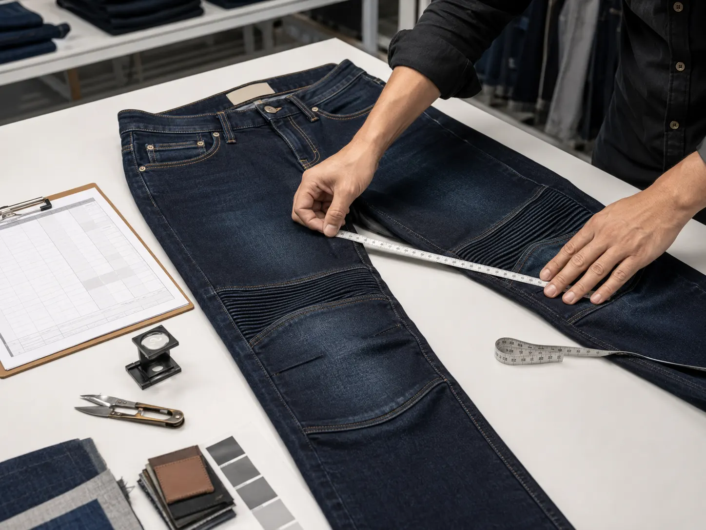 Finished motorcycle jeans undergoing measurement and workmanship inspection