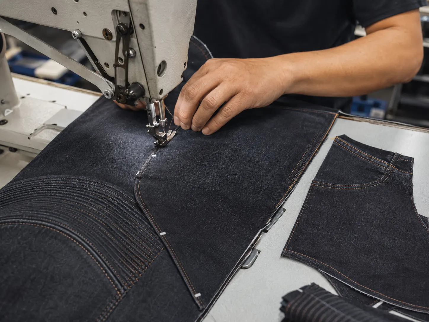 Skilled operator sewing reinforced motorcycle jeans components