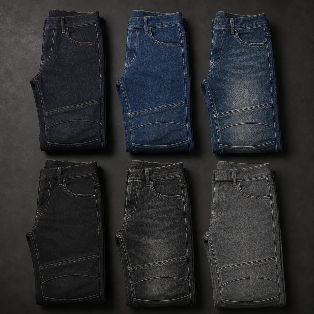 Black, indigo, grey and vintage motorcycle jeans wash samples