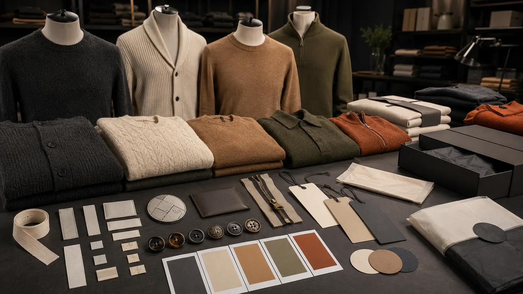 Private label knitwear buttons labels trims hang tags and packaging