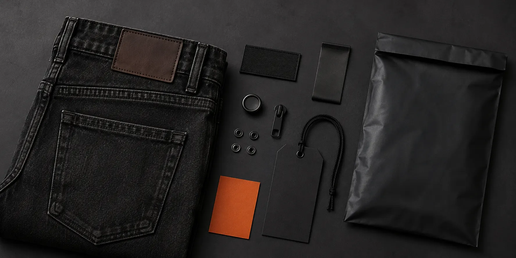 Private-label motorcycle jeans with custom woven label, waistband patch, hardware and hang tag