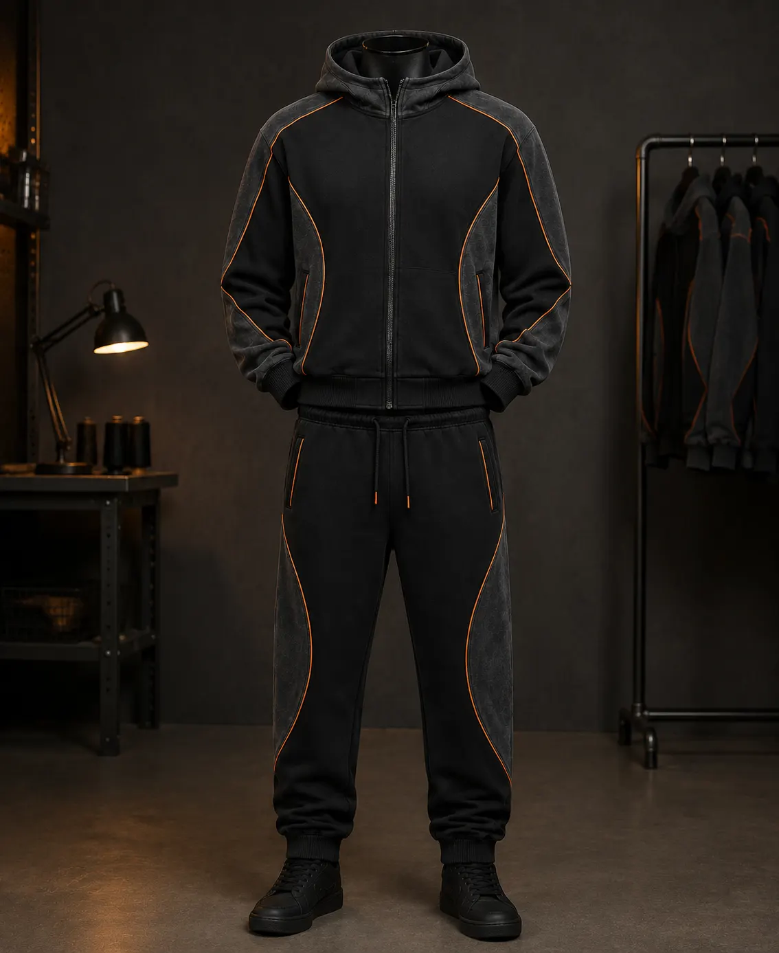 Manufactured custom streetwear tracksuit based on the approved mockup