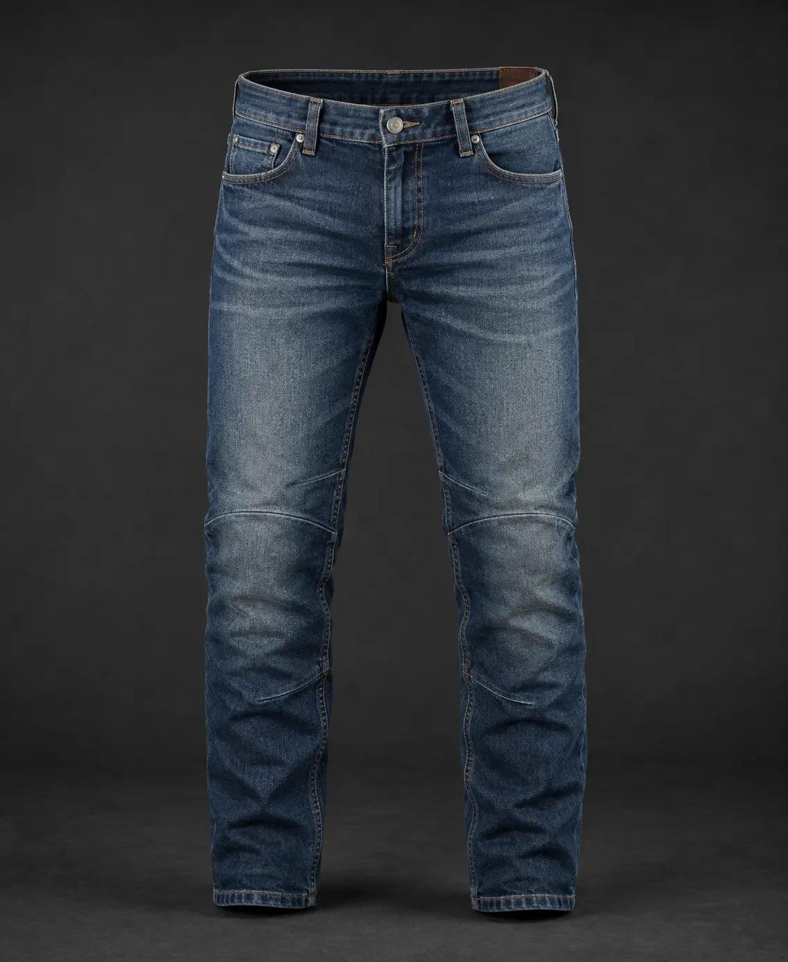 Vintage-wash blue motorcycle jeans with controlled fading
