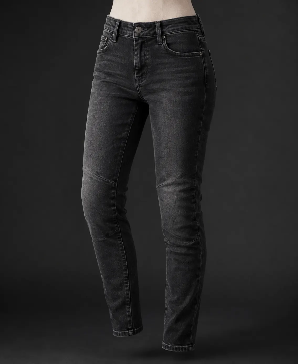 Custom women's black motorcycle jeans with a shaped fit