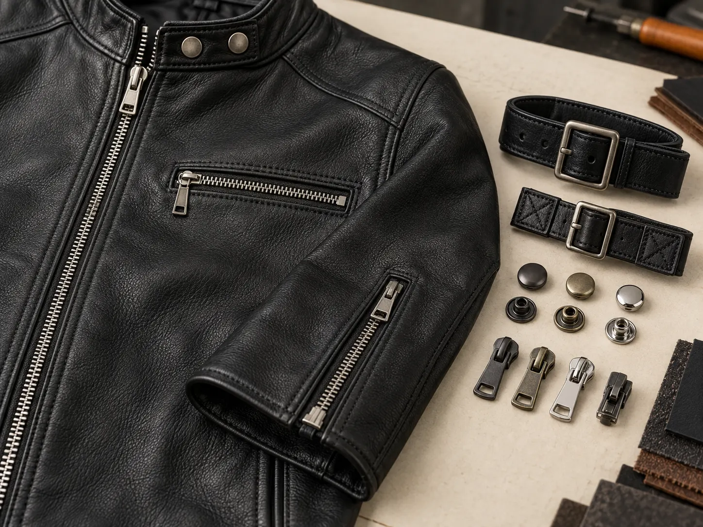 Leather jacket metal zippers snaps buckles wrist zippers and hardware components
