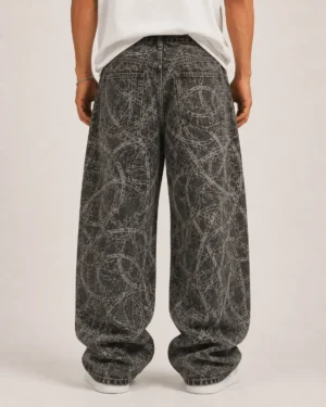 All over printed baggy jeans back view