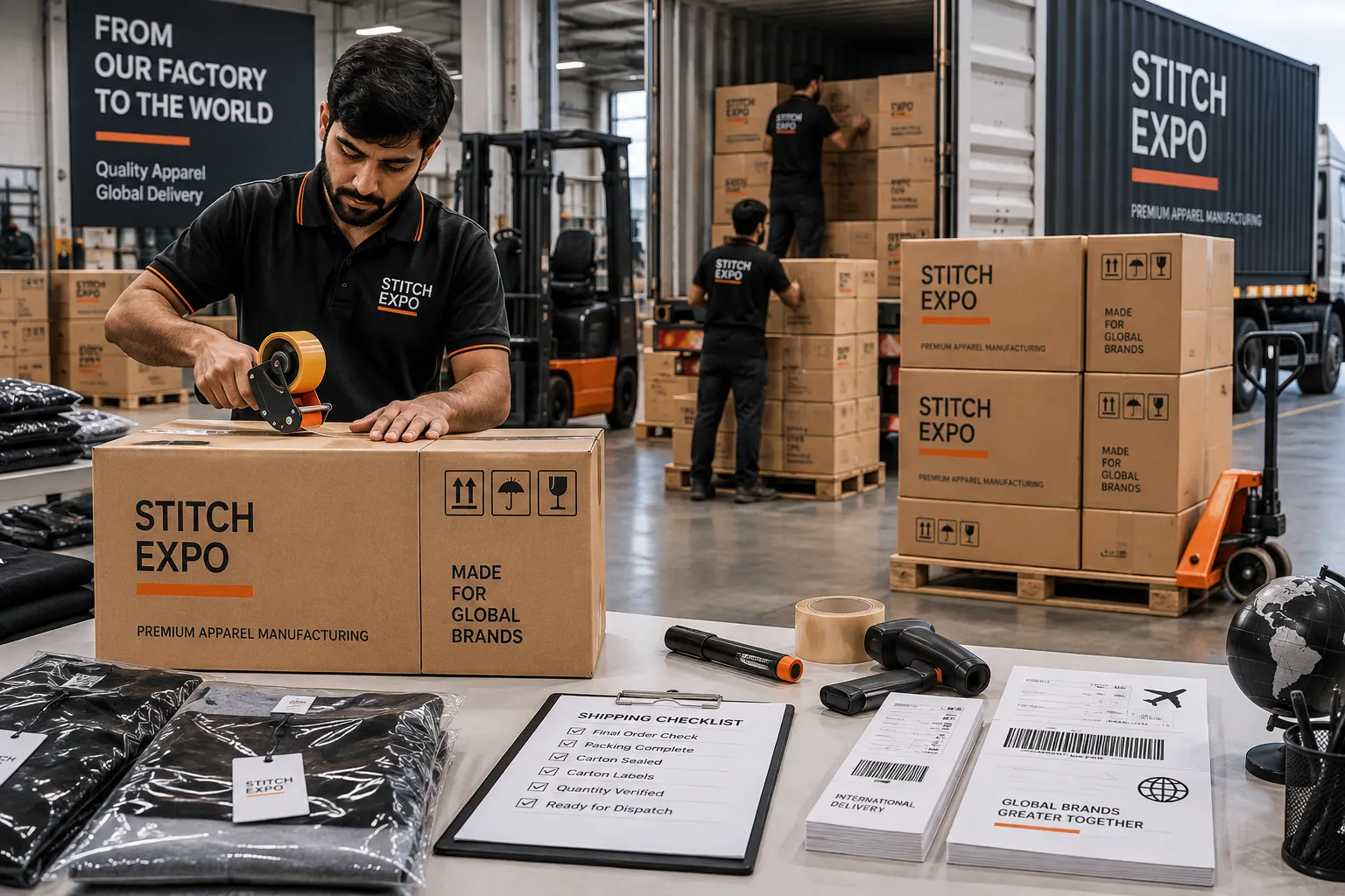 Finished apparel packed in cartons for international delivery