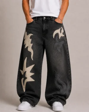 Appliqué graphic denim jeans front view