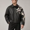 Appliqué graphic leather jacket front view
