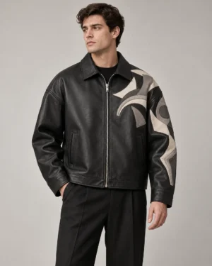 applique-graphic-leather-jacket-front Appliqué graphic leather jacket front view