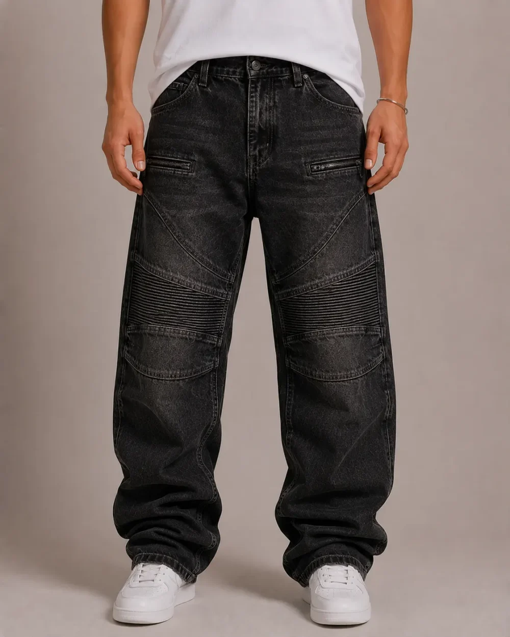 Biker panel denim jeans front view