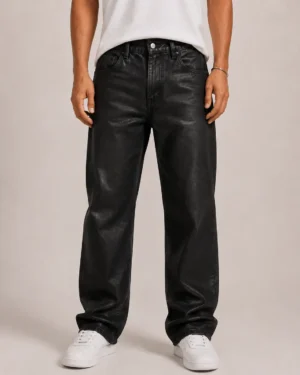 Black coated denim jeans front view