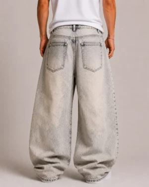 Bleach washed baggy jeans back view