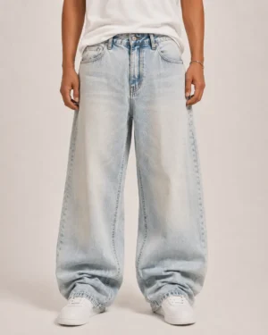 Bleach washed baggy jeans front view
