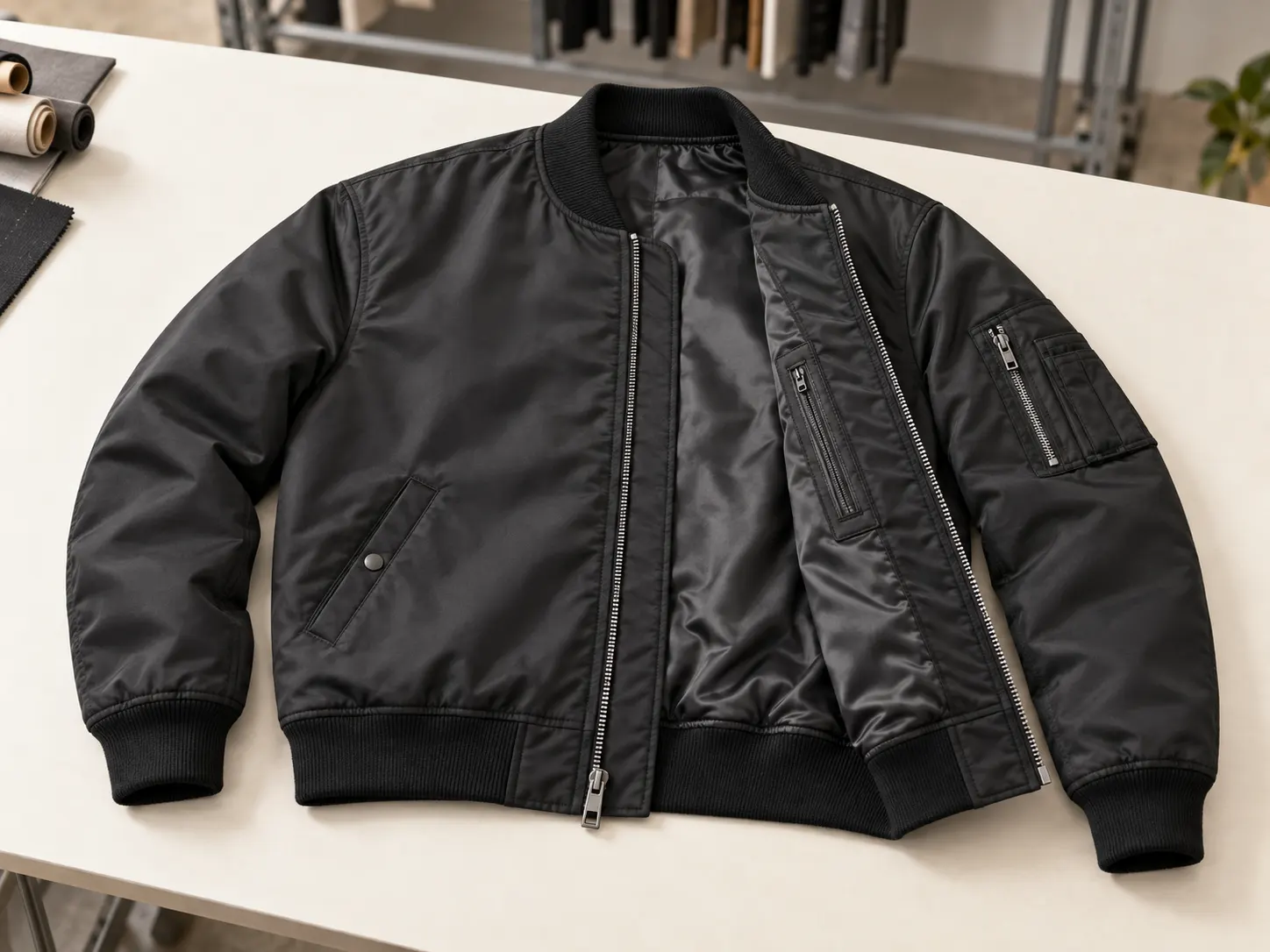 Bomber jacket construction anatomy showing shell lining ribbing zipper and pockets