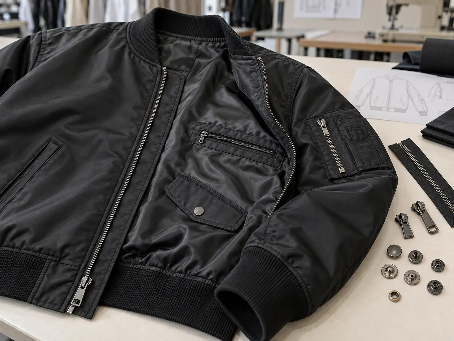 Bomber jacket zipper pocket and hardware details