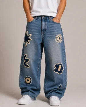 Chenille patch baggy jeans front view