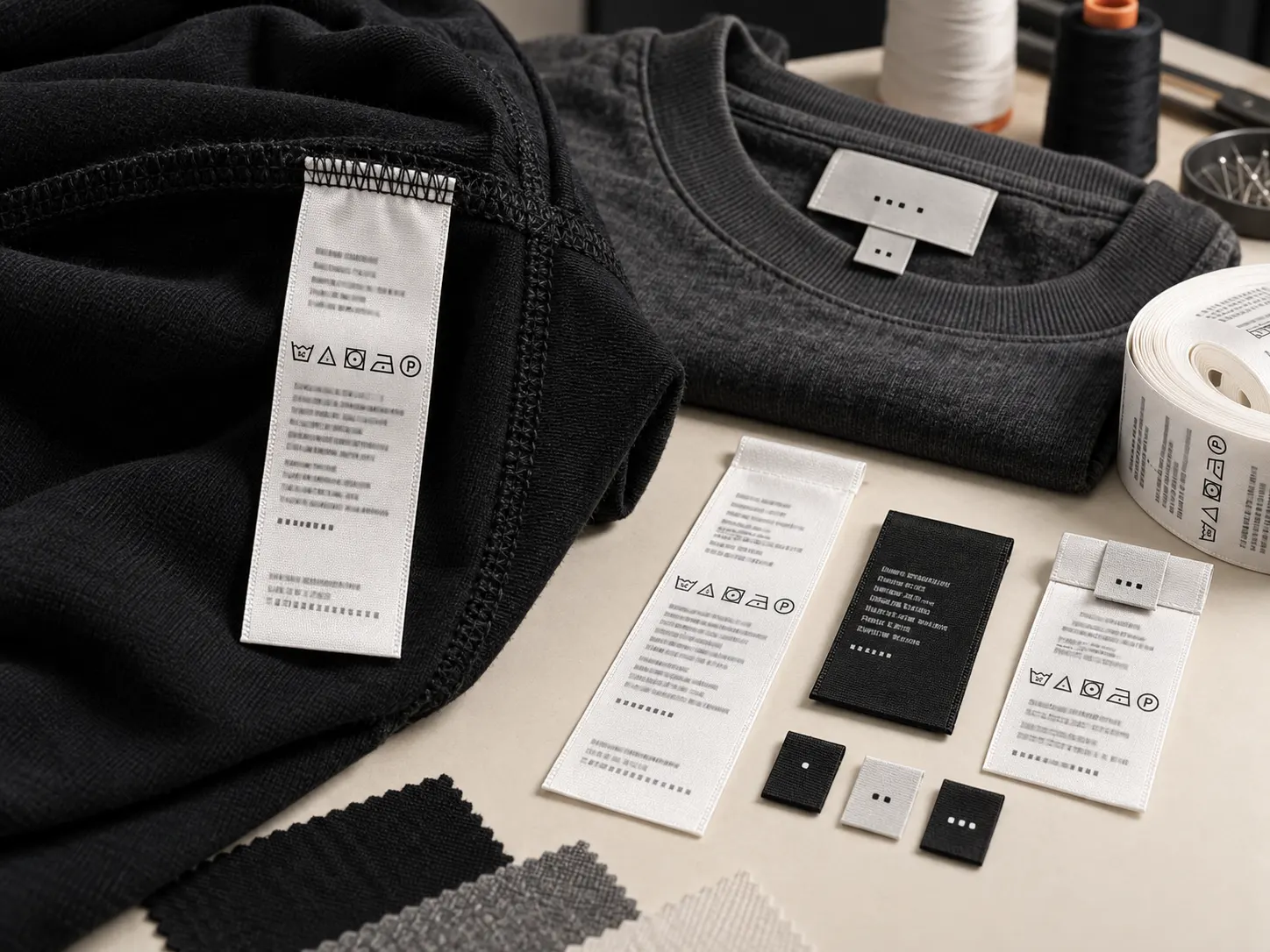 Custom care composition and size labels for clothing