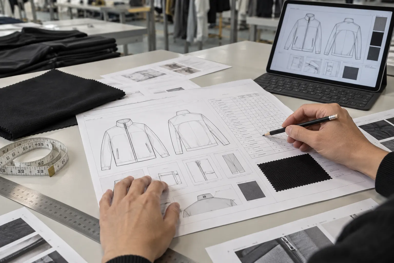 Designer reviewing a custom clothing tech pack and garment specifications