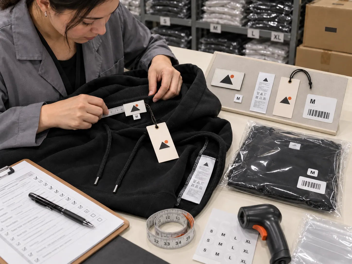Quality control inspection of clothing labels tags and packaging