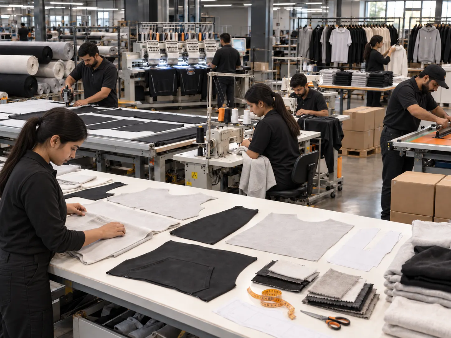Clothing manufacturing process inside an apparel production facility