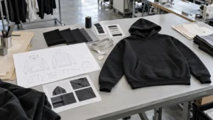 Clothing sample development with tech pack, fabric swatches and finished garment