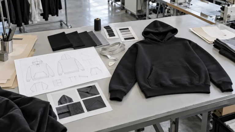 Clothing sample development with tech pack, fabric swatches and finished garment