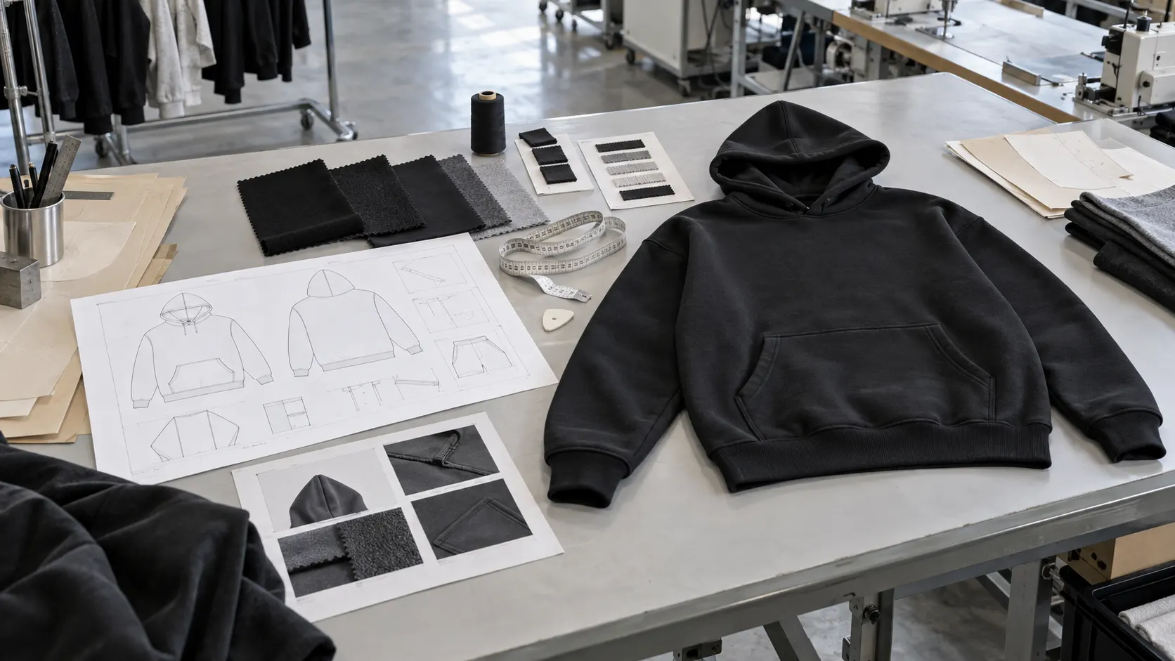 Clothing sample development with tech pack, fabric swatches and finished garment