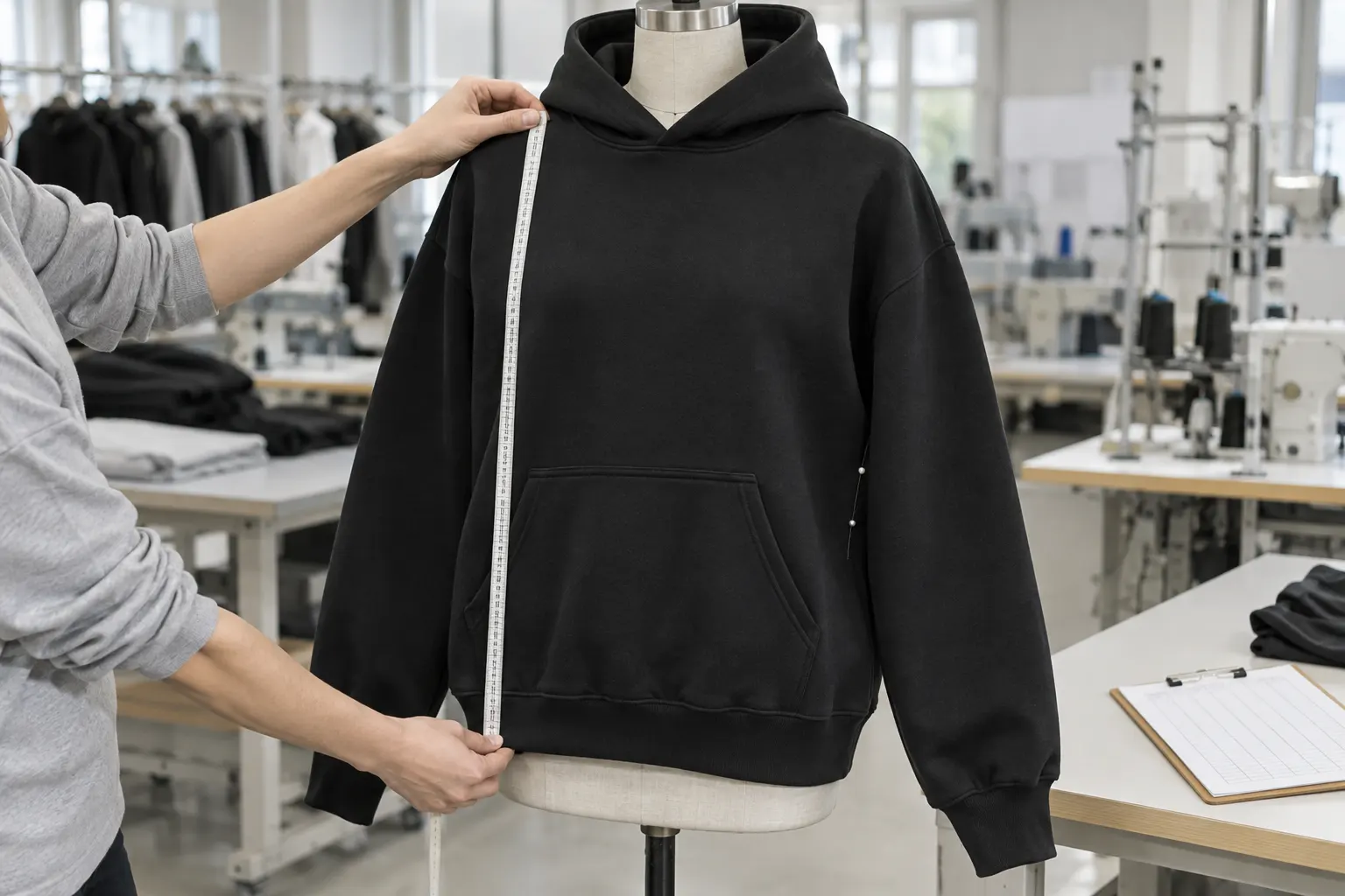 Technician measuring and inspecting the fit of a clothing sample
