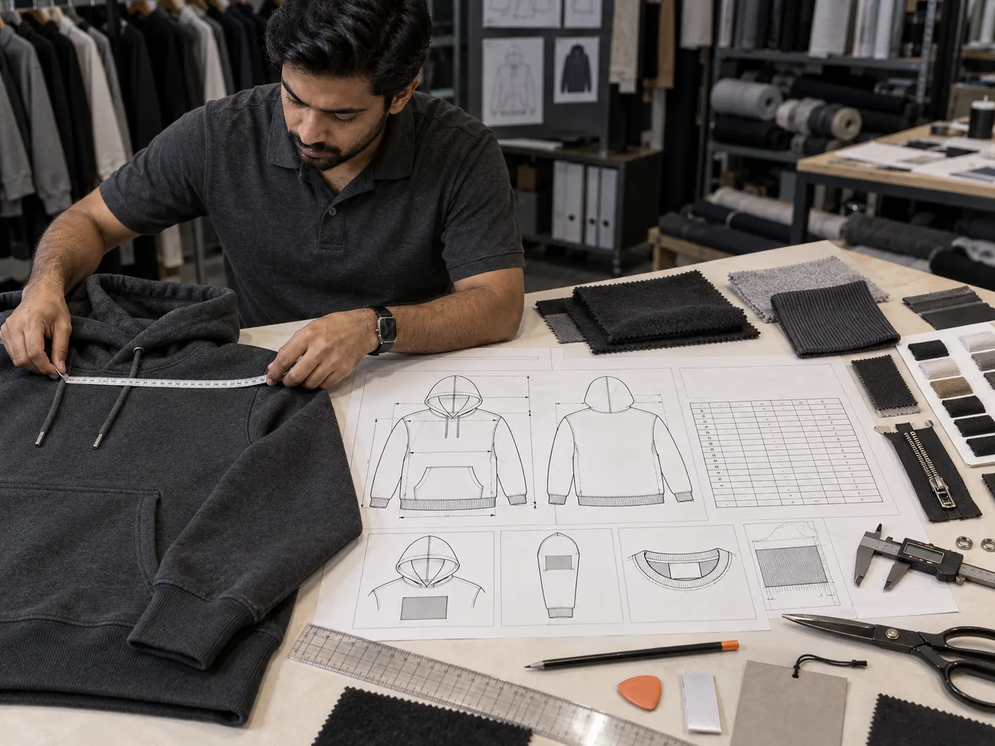 Clothing tech pack development with garment measurements and specifications