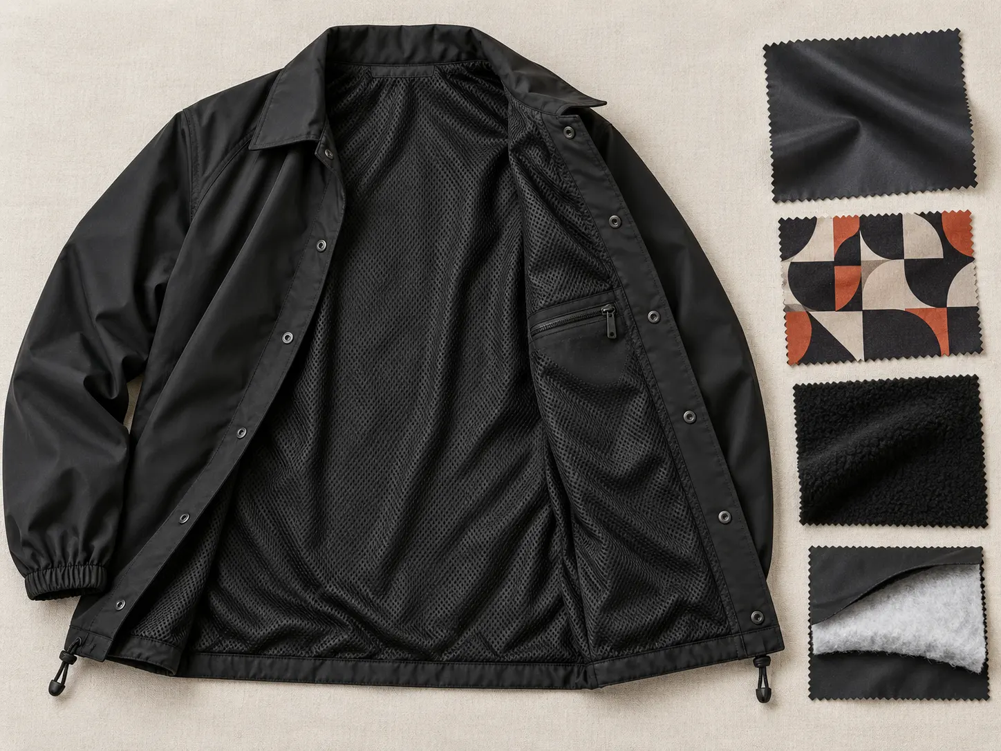Unlined mesh lined printed lined and lightly insulated coach jacket options