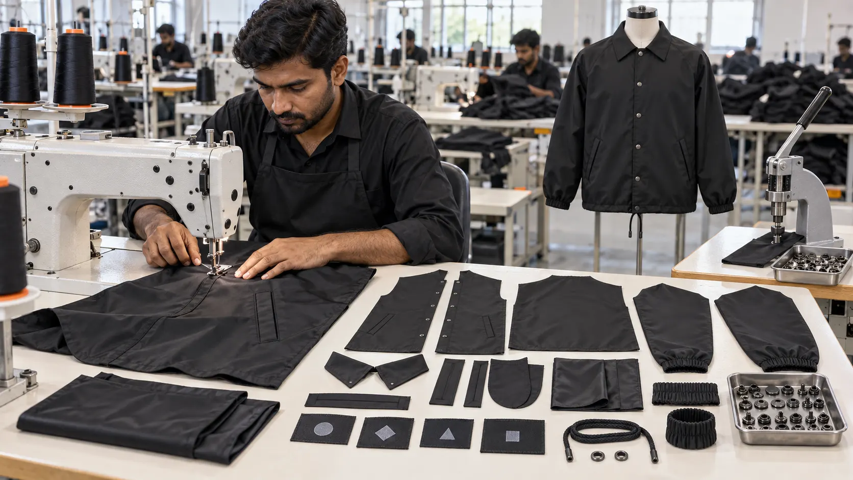 Custom coach jacket cutting sewing snap attachment branding and quality control process