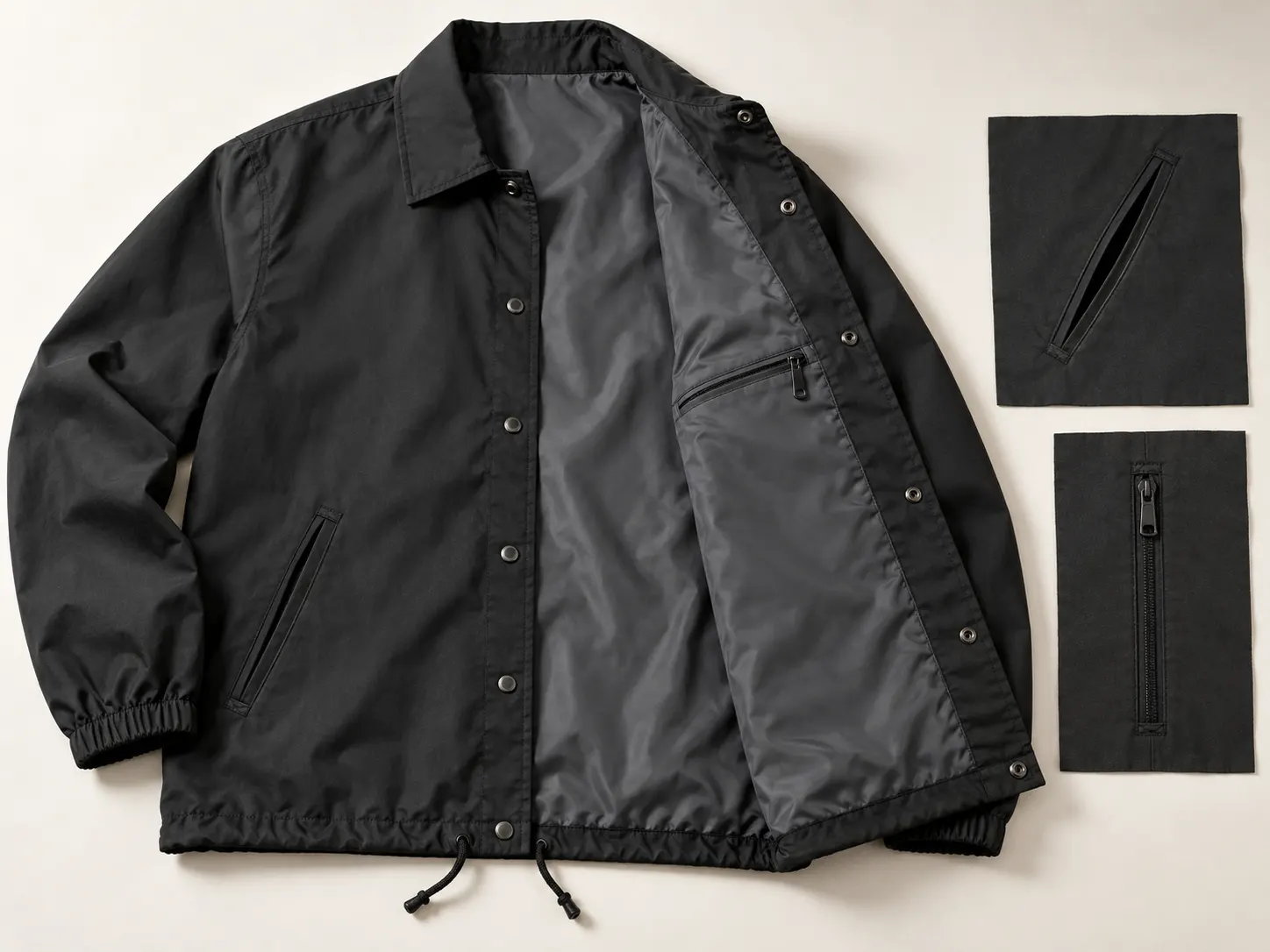 Coach jacket side entry welt zipped and internal pocket construction options