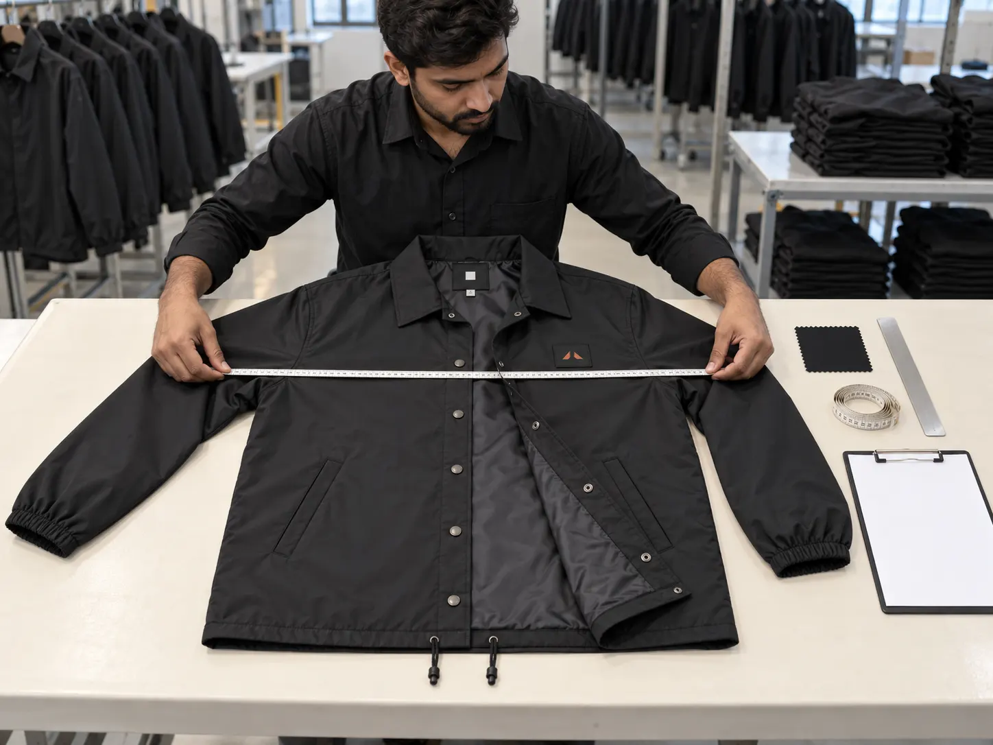 Quality control inspection of custom coach jacket snaps collar pockets and measurements