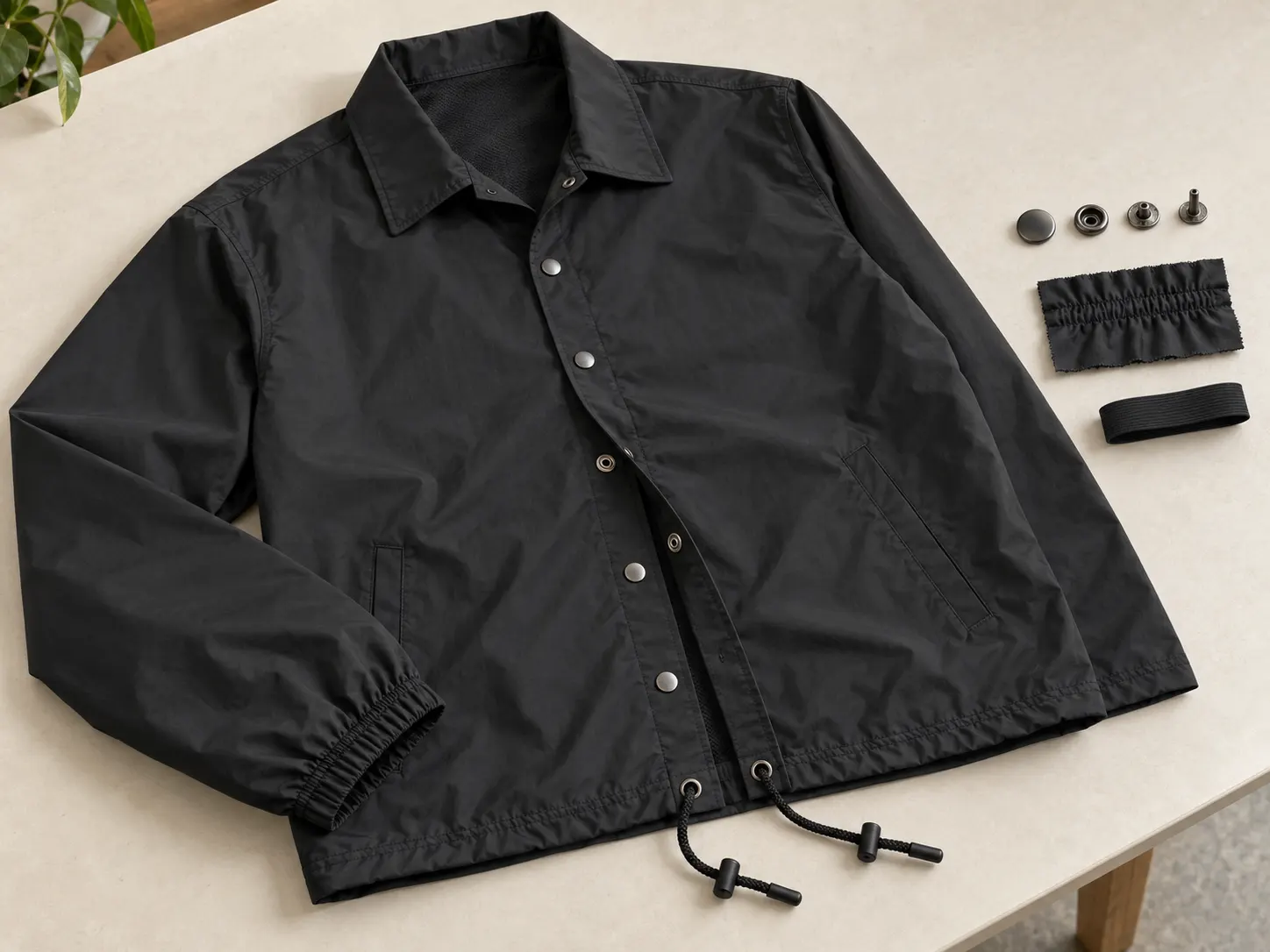 Coach jacket snap buttons pointed collar elastic cuffs and drawcord hem construction