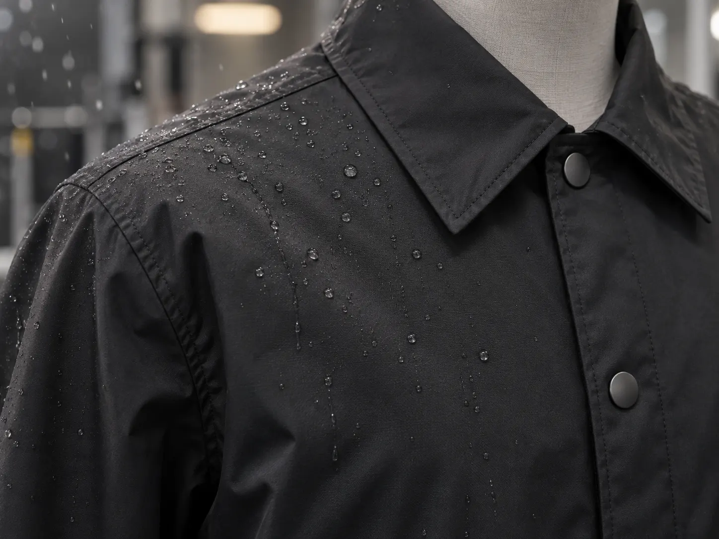 Water repellent lightweight coach jacket shell fabric with wind resistant construction