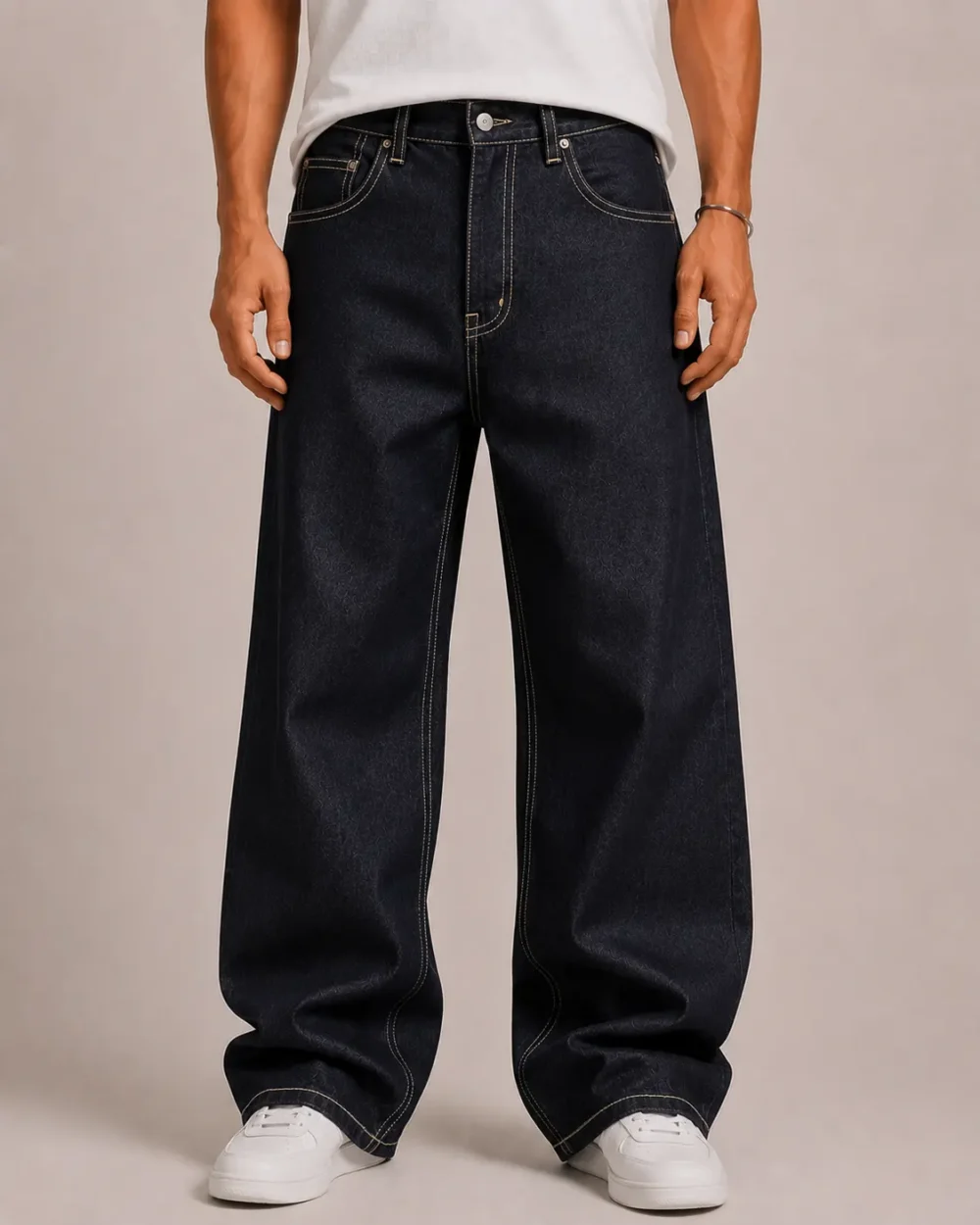 contrast-stitch-baggy-jeans-front Contrast stitch baggy jeans front view