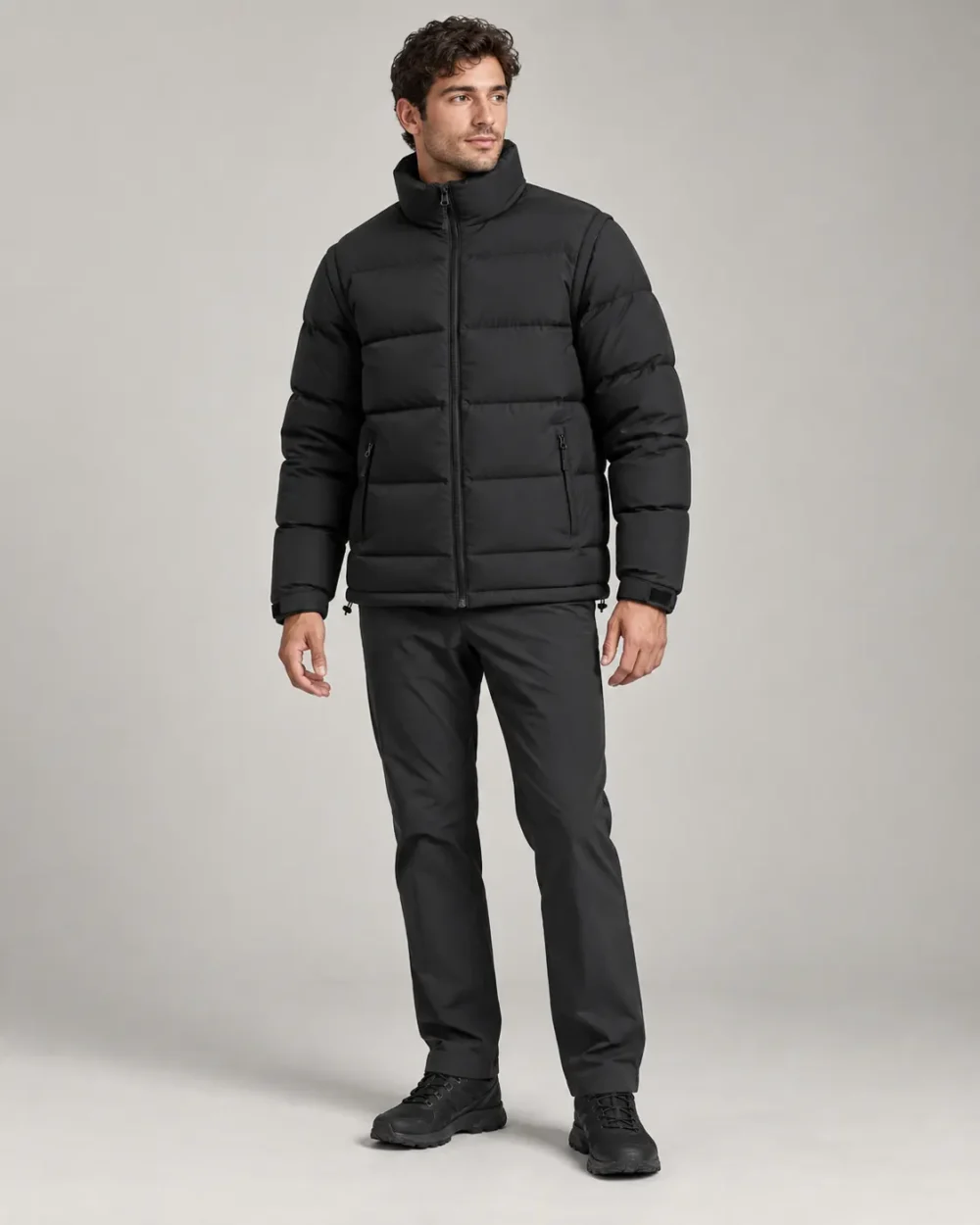 Convertible puffer jacket with removable sleeves front view