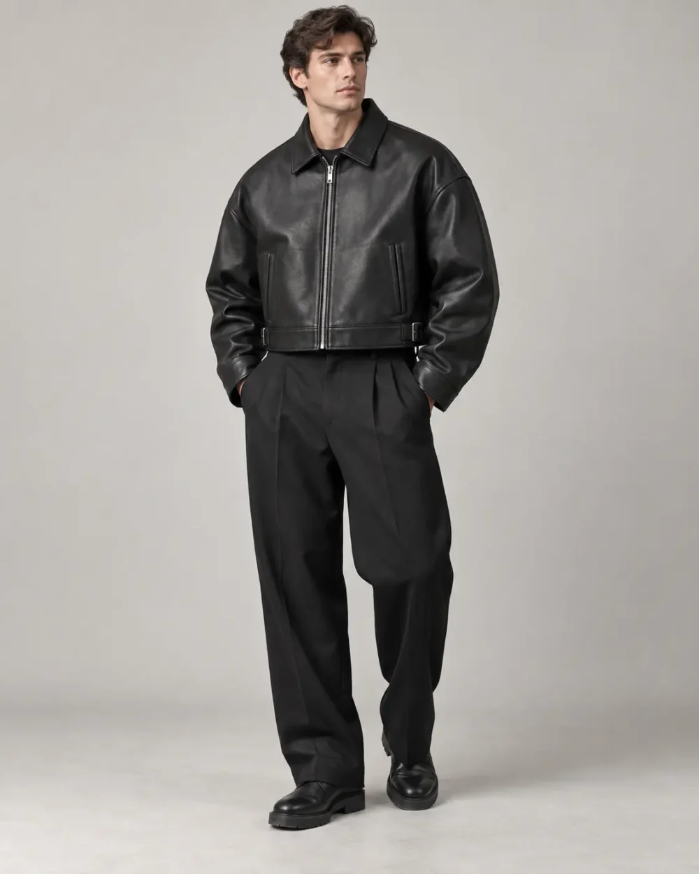 cropped-boxy-leather-jacket-front Cropped boxy black leather jacket front view