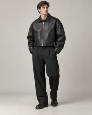 Cropped boxy black leather jacket front view
