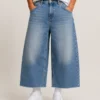 Cropped wide leg denim jeans front view
