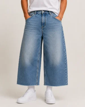 Cropped wide leg denim jeans front view