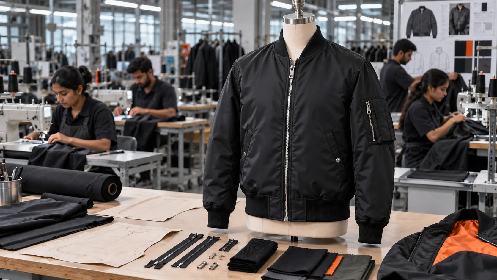 Custom bomber jacket manufacturing inside an apparel production facility