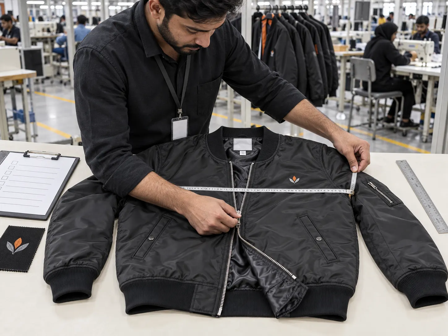 Quality control inspection of a custom bomber jacket