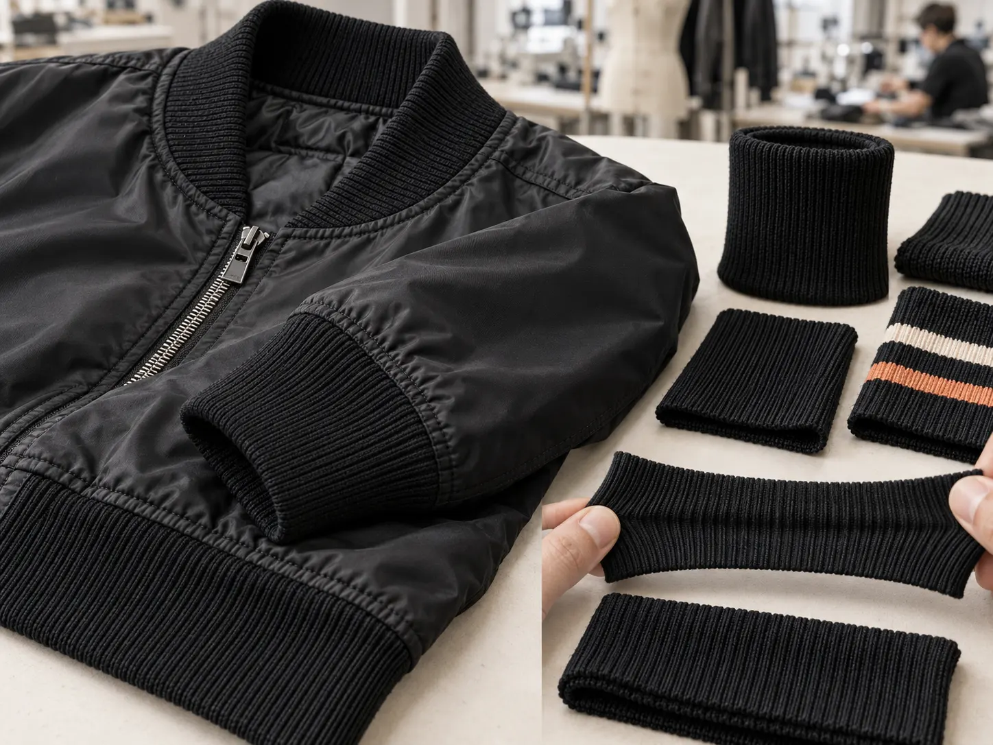 Custom ribbed bomber jacket collar cuffs and waistband