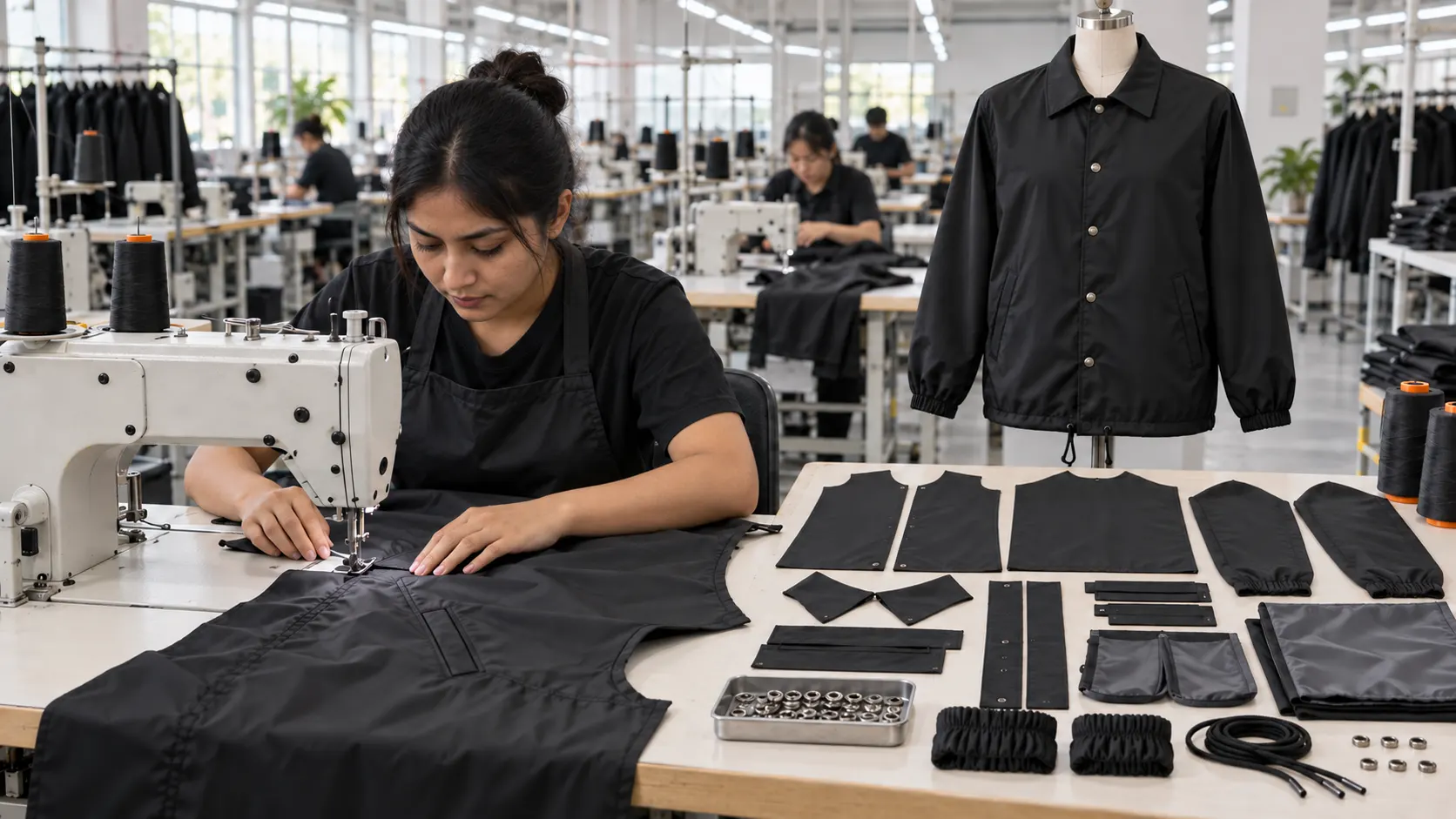 Custom coach jacket manufacturing inside an apparel production facility